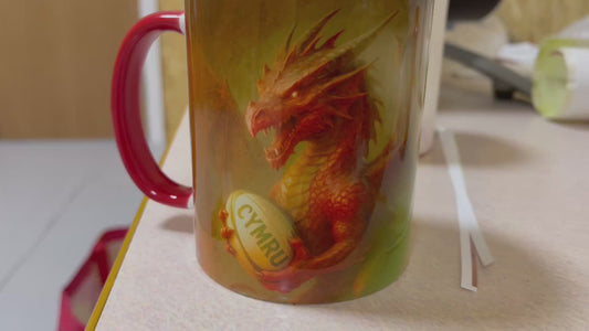 Ceramic Mug with wrap around design Welsh Dragon 1 with red interior and handle